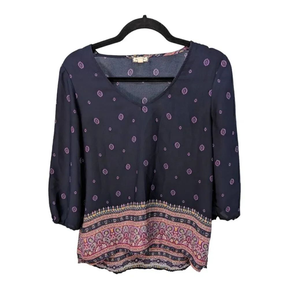 Eyeshadow Tunic Boho Print V Neck with Gathered Waist Blouse Women’s Small